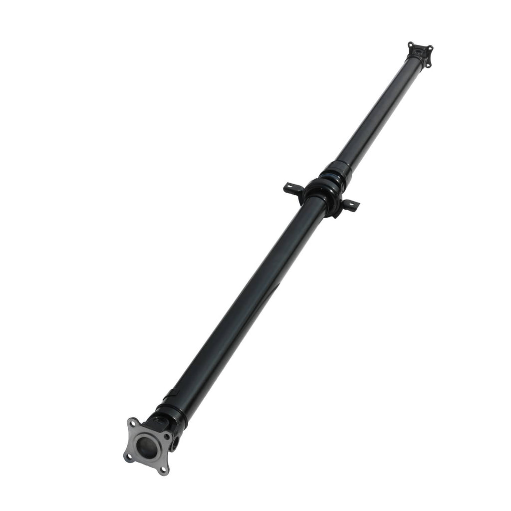 Rear driveshaft prop shaft, black tubular shaft with mounting flanges and joint.
