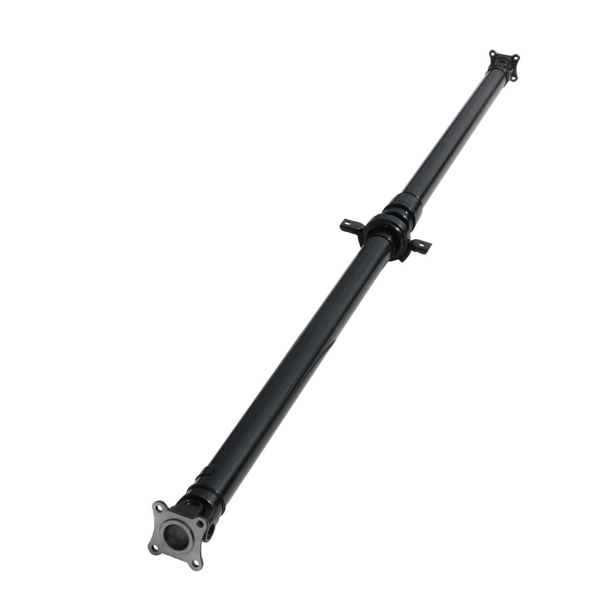 Rear driveshaft prop shaft, black tubular shaft with mounting flanges and joint.