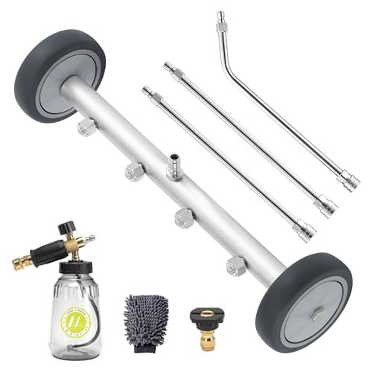 Undercarriage pressure washer attachment with angled wheel head and metal extension rods