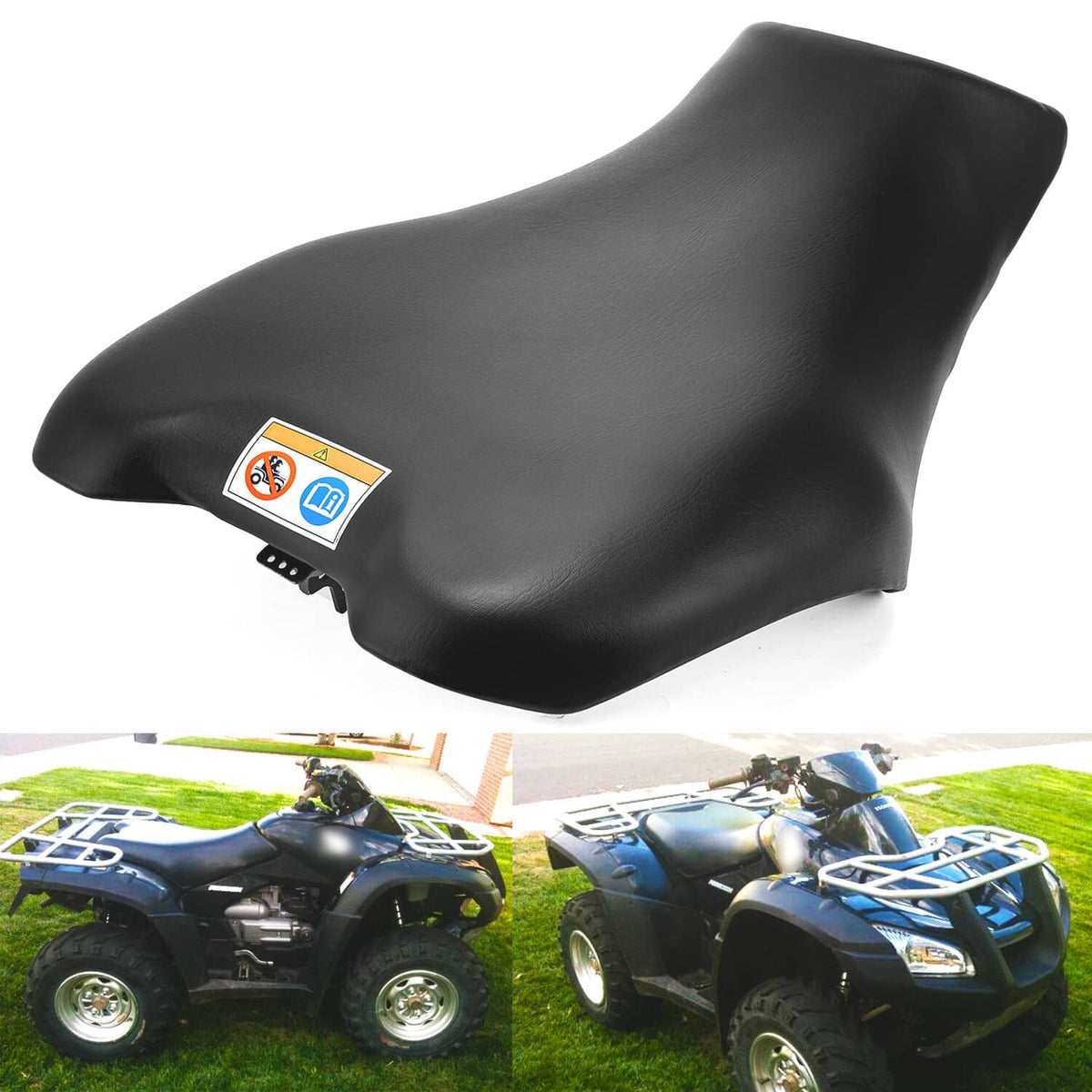 ATV seat cushion in black, contoured shape with side mounting tab and badge