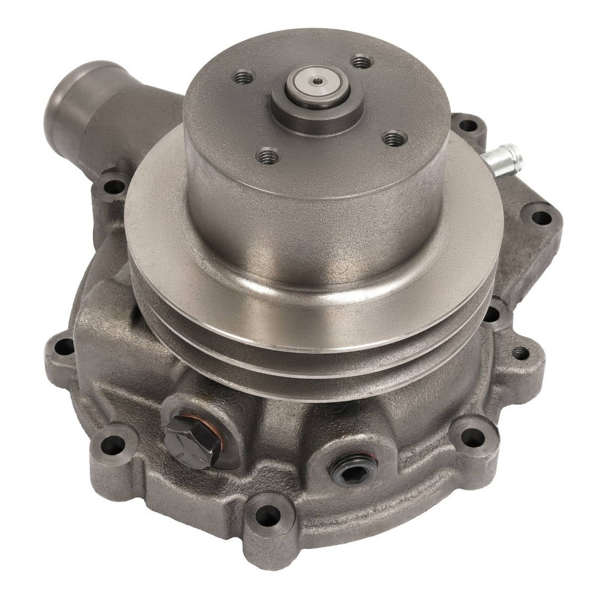 Steel water pump with pulley hub and angular inlet/outlet, metallic gray housing.