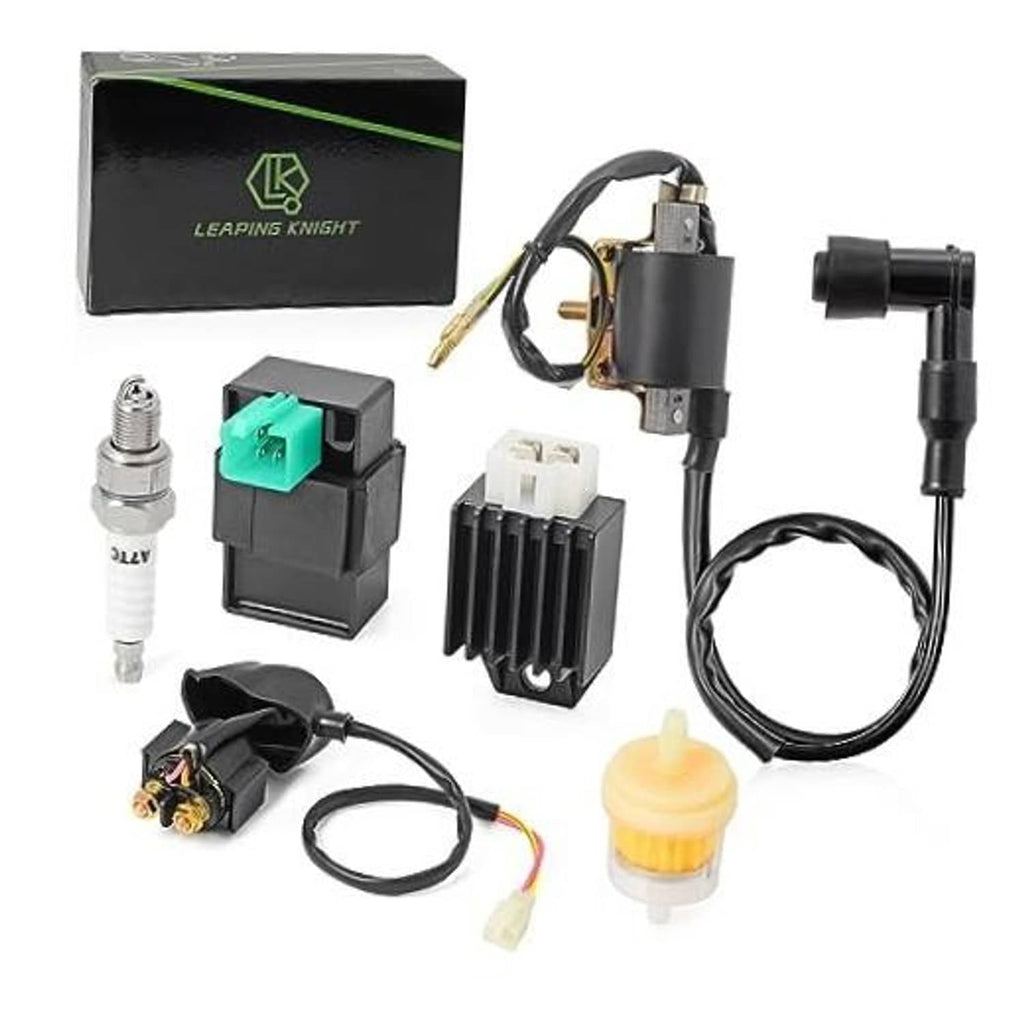 Ignition coil CDI and regulator kit with wiring, spark plug, and small plastic filter