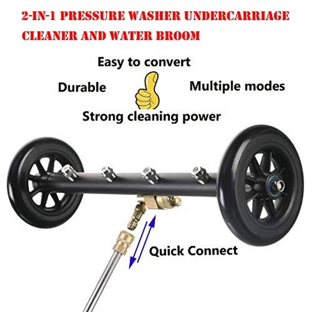 2-in-1 undercarriage cleaner frame with large black wheels and quick-connect fittings