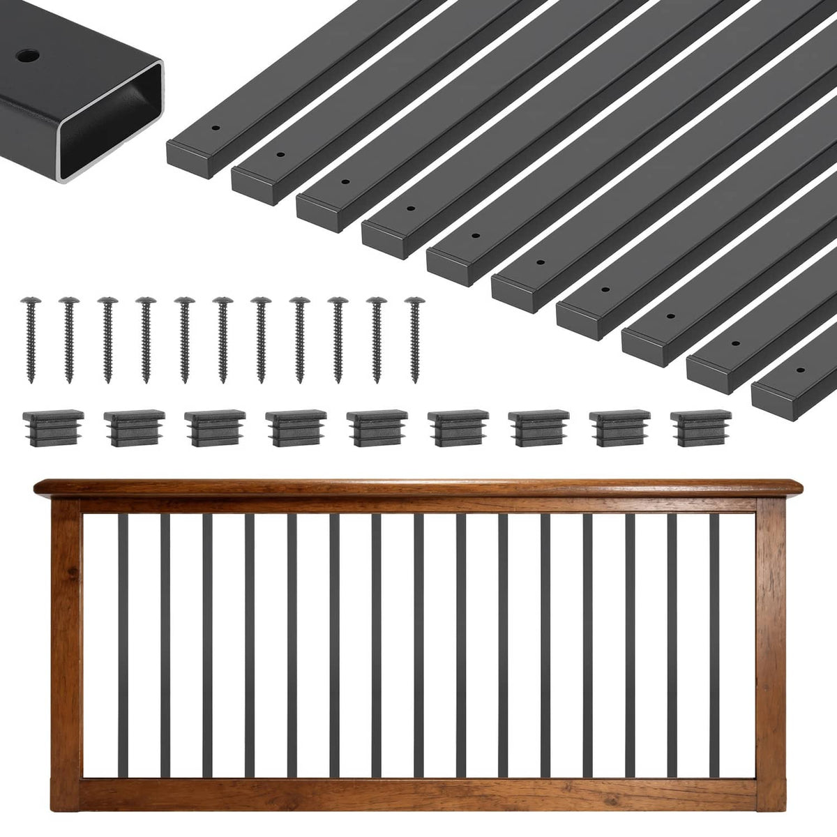 Black steel railing balusters with rectangular profiles, mounting screws and end caps