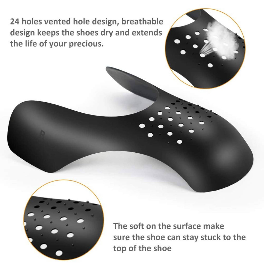 Black shoe crease protector insert with curved design and vented perforations.