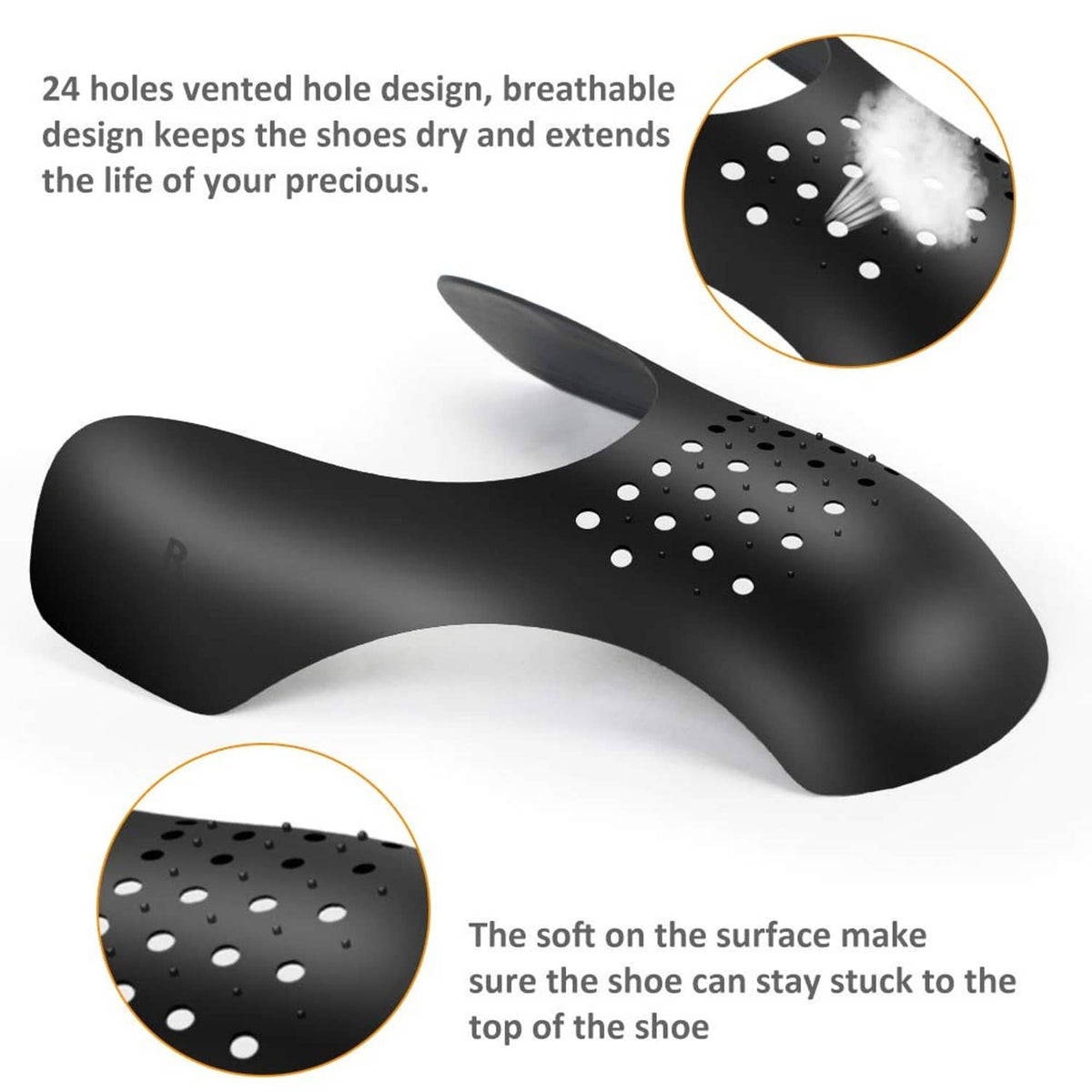 Black shoe crease protector insert with curved design and vented perforations.