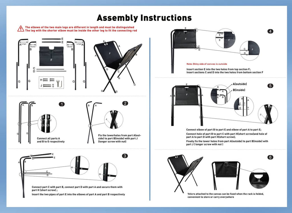 Black canvas print rack shown with included assembly parts and steps
