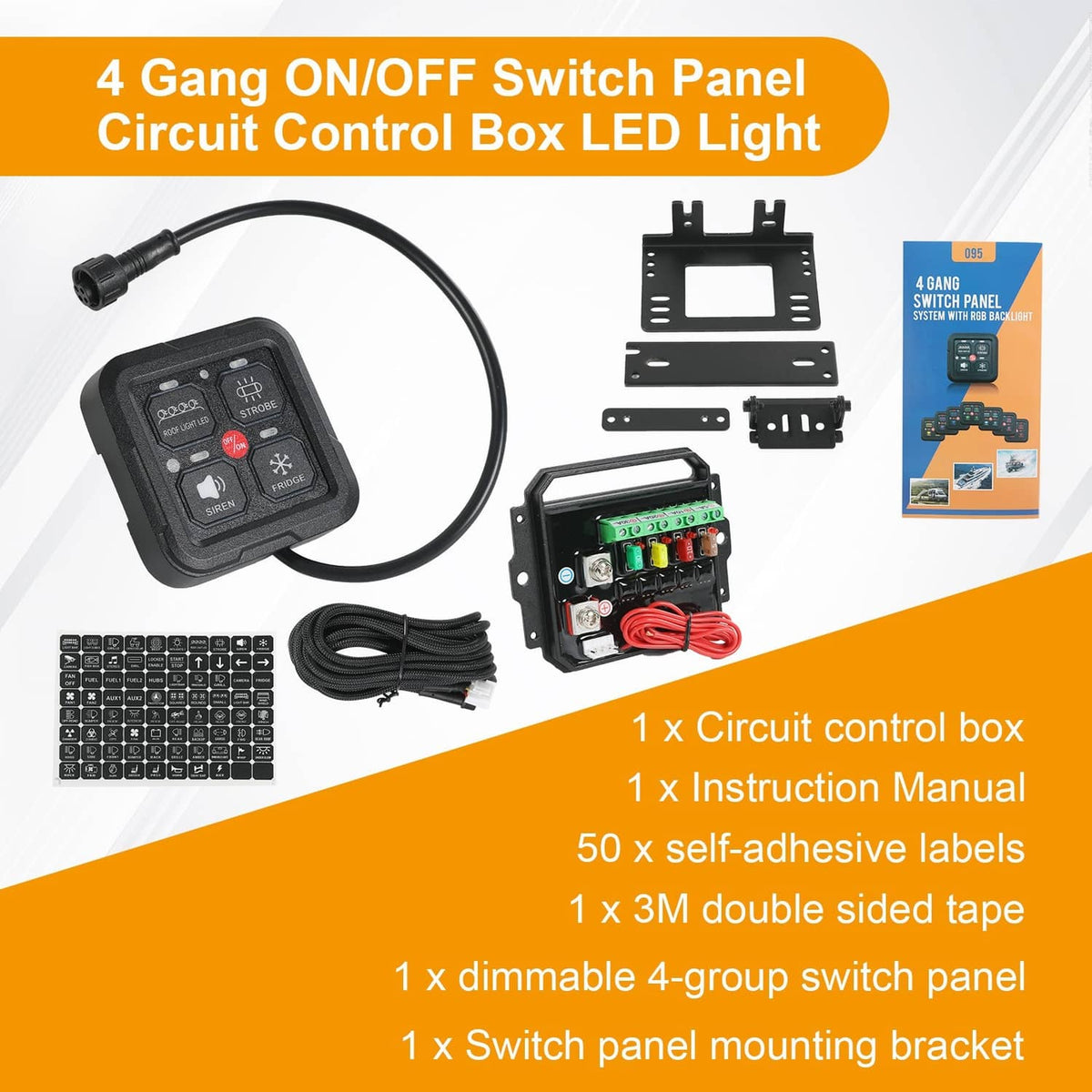 4-group switch panel control box kit with wiring harness, bracket, and accessory labels