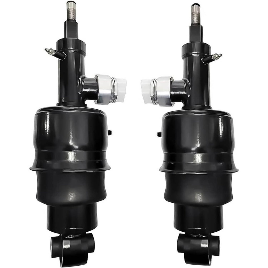 Two black air suspension shock struts with silver top brackets and mounting studs