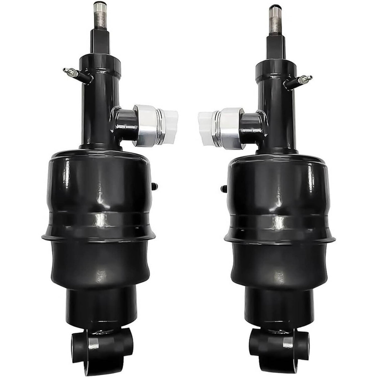 Two black air suspension shock struts with silver top brackets and mounting studs