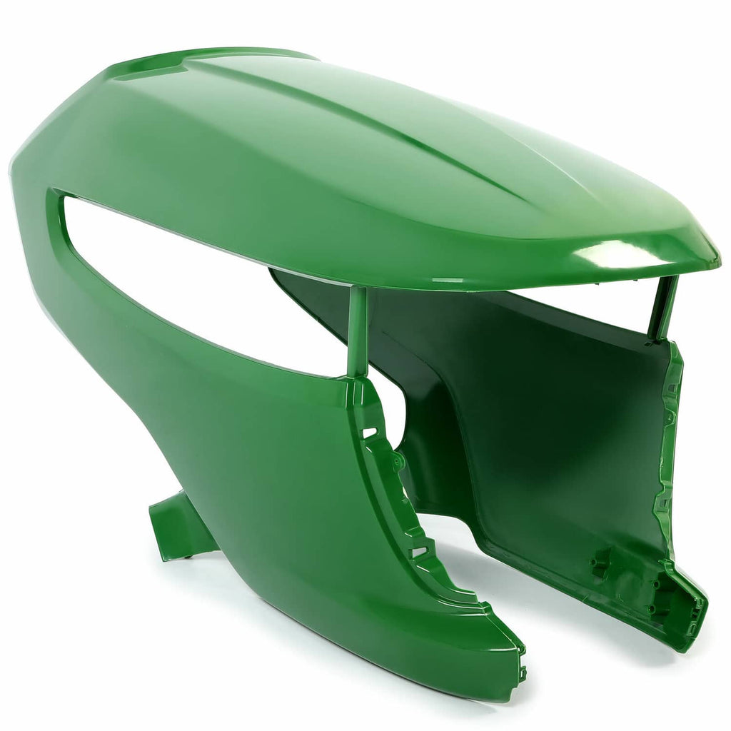 John Deere green lawn mower front hood with vent opening and mounting brackets