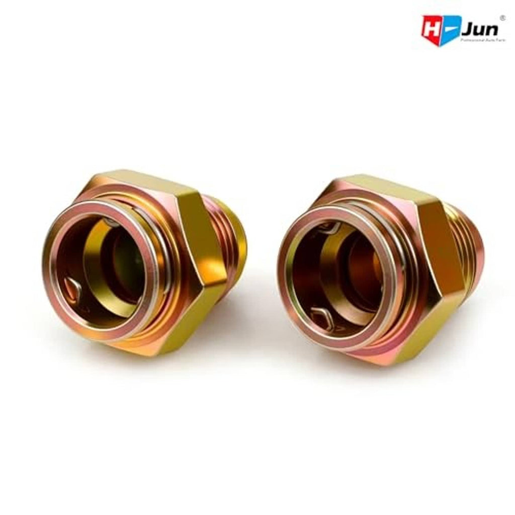 Brass radiator line fitting with hex nut, orange gasket, threaded inlet, side view