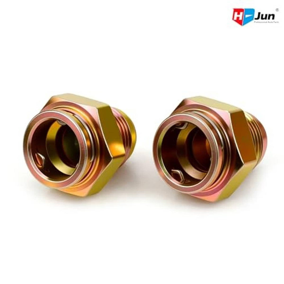 Brass radiator line fitting with hex nut, orange gasket, threaded inlet, side view