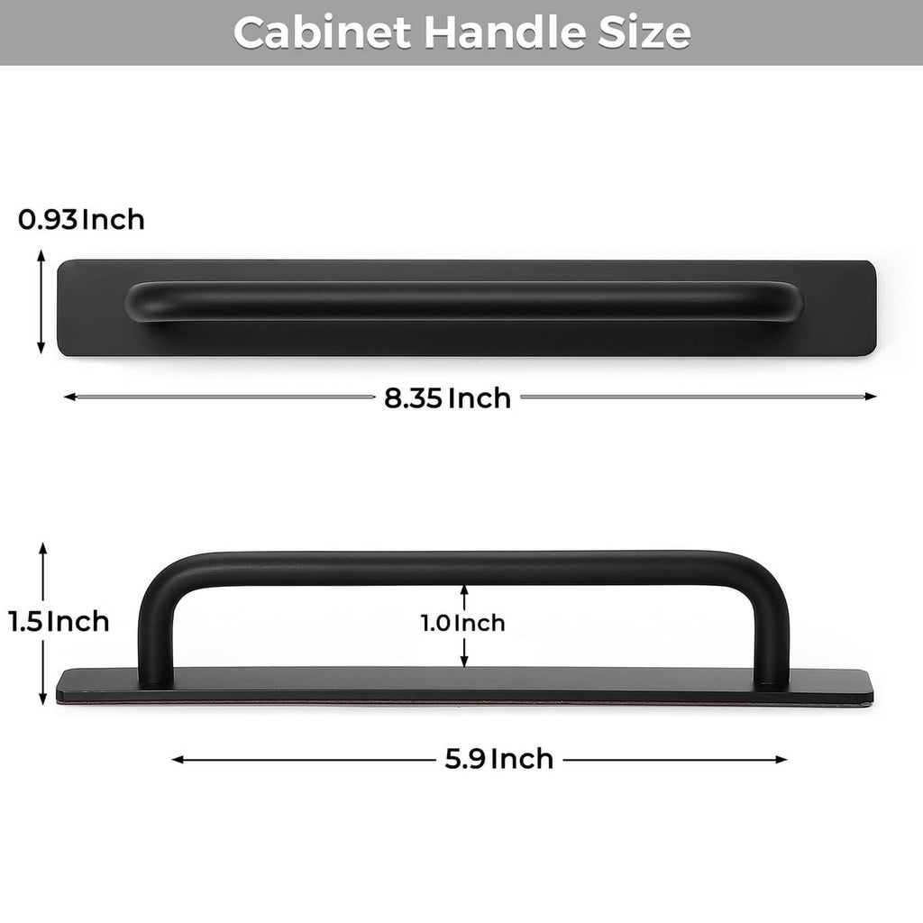 Black cabinet handle with curved bar and flat base, side and front profile