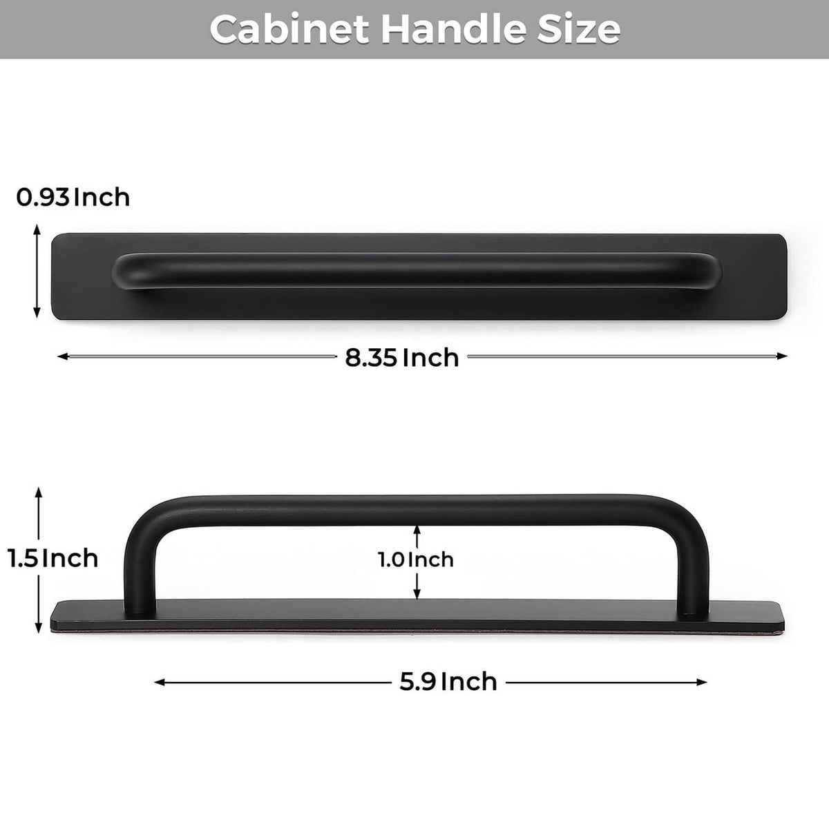 Black cabinet handle with curved bar and flat base, side and front profile