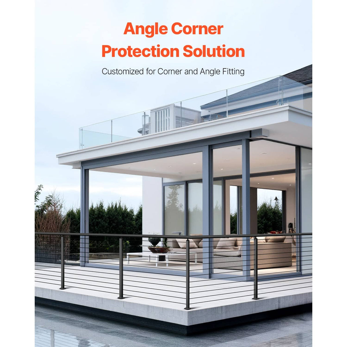 Black cable railing posts and rails on a deck, designed for corner sections