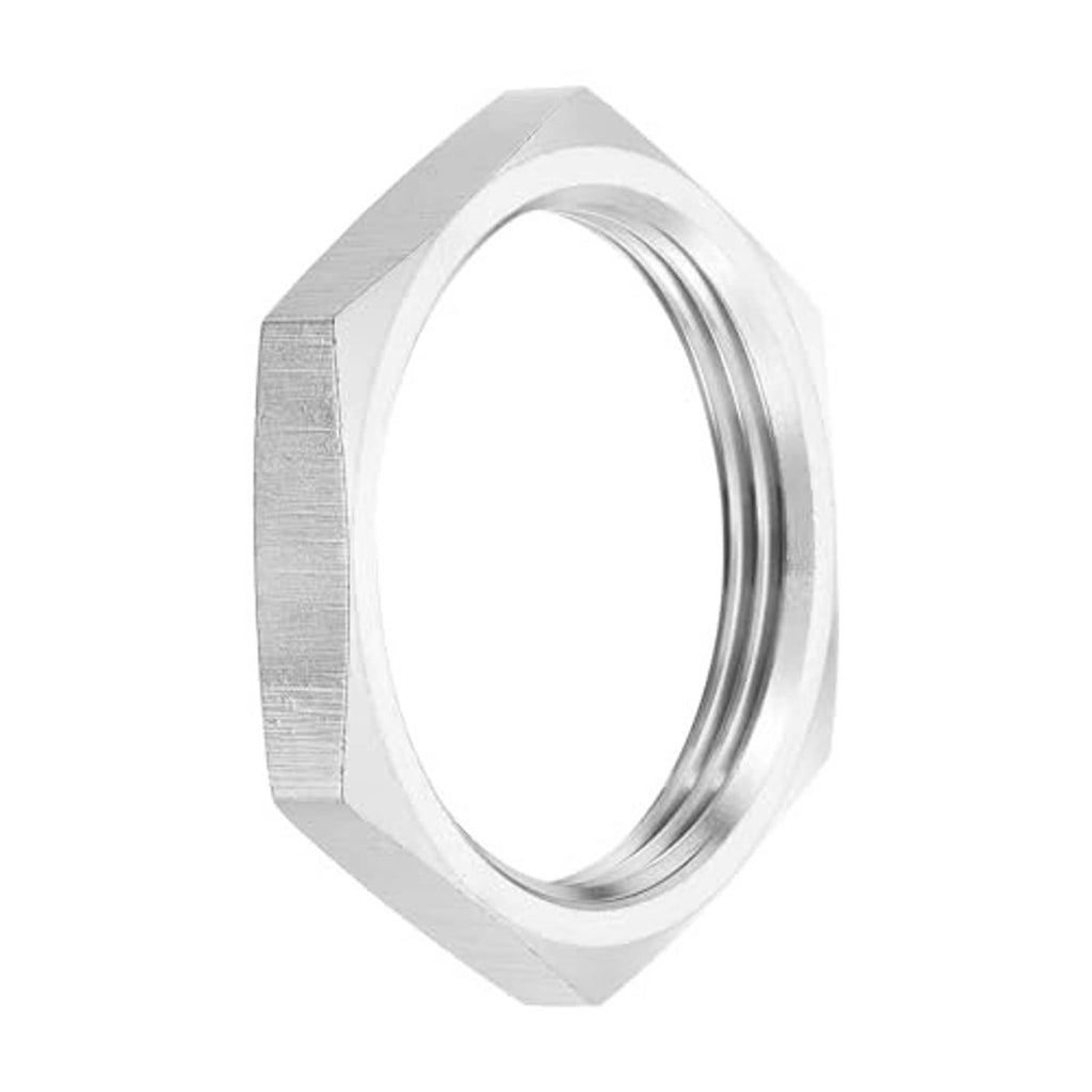Thin hex lock nut with internal female threads, silver metal, angled side profile