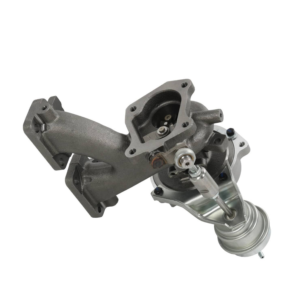 Turbocharger with cast intake manifold and compressor cover, dark metal and silver