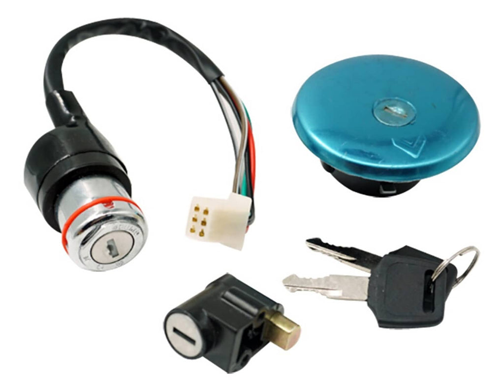 Motorcycle ignition switch lock with keys, wiring plug, and teal gas cap