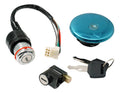 Motorcycle ignition switch lock with keys, wiring plug, and teal gas cap