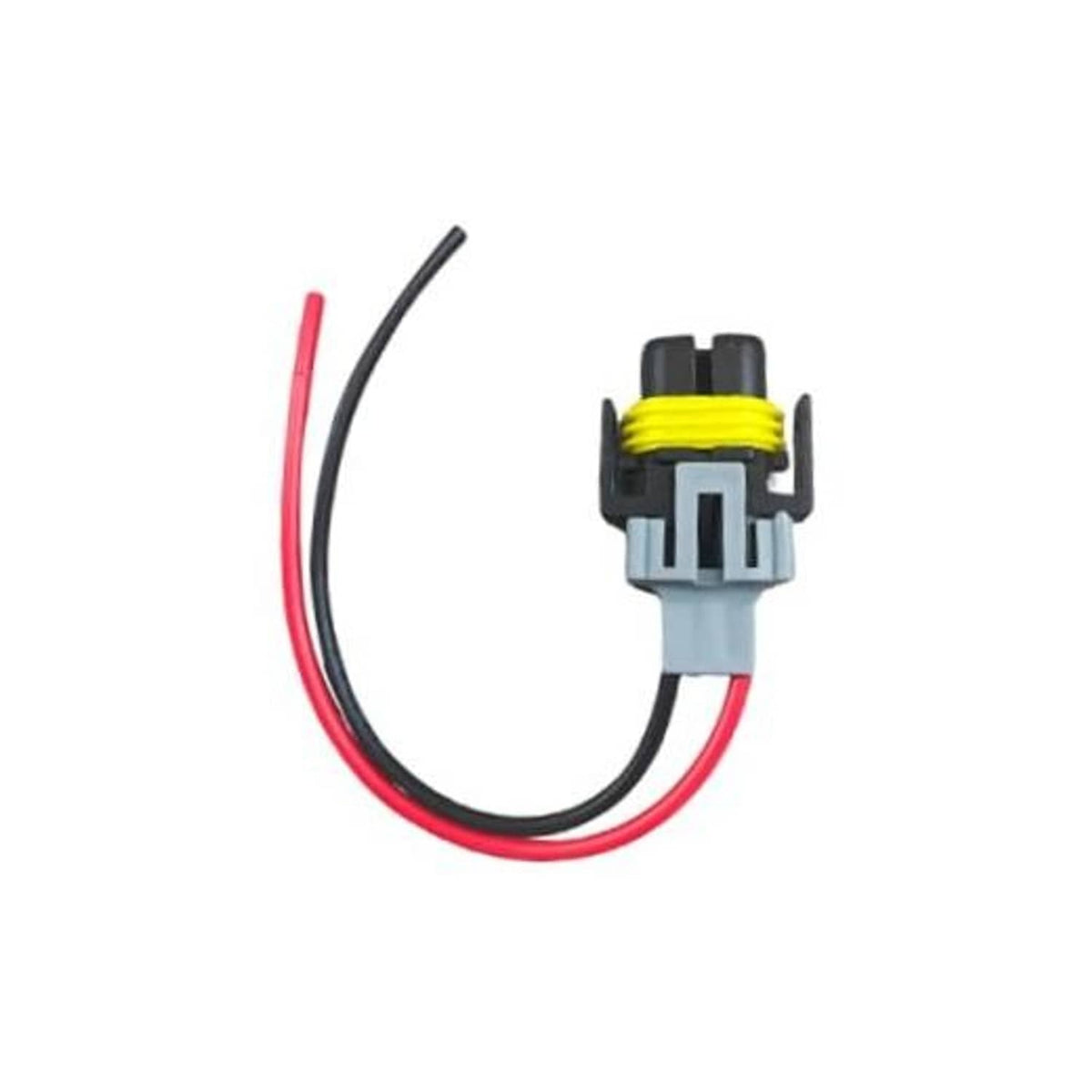 Fog light harness connector with red and black wire leads, gray plug and yellow clip