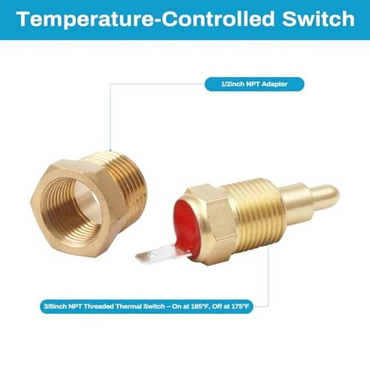 Brass NPT temperature-controlled switch with red cap and threaded adapter probe