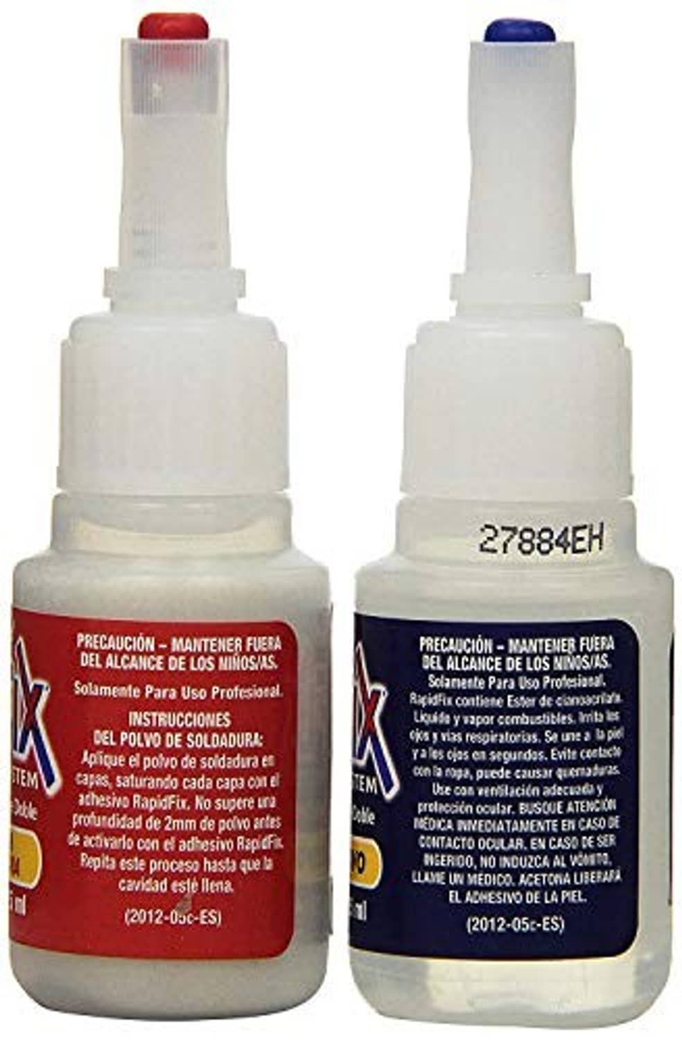 Rapidfix dual adhesive glue bottles with back label, red and blue caps