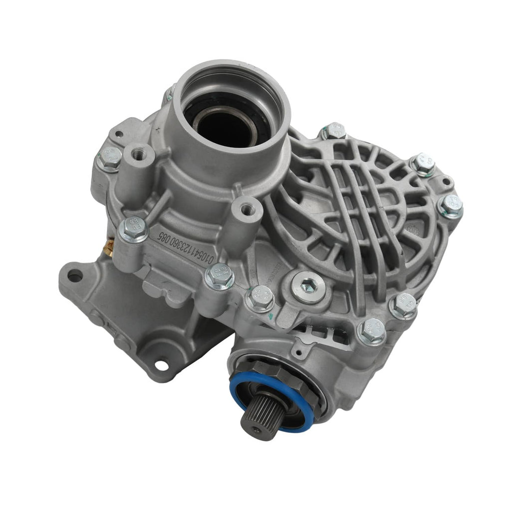 Transfer case unit with large inlet bore, blue-ring seal, and ribbed cast body