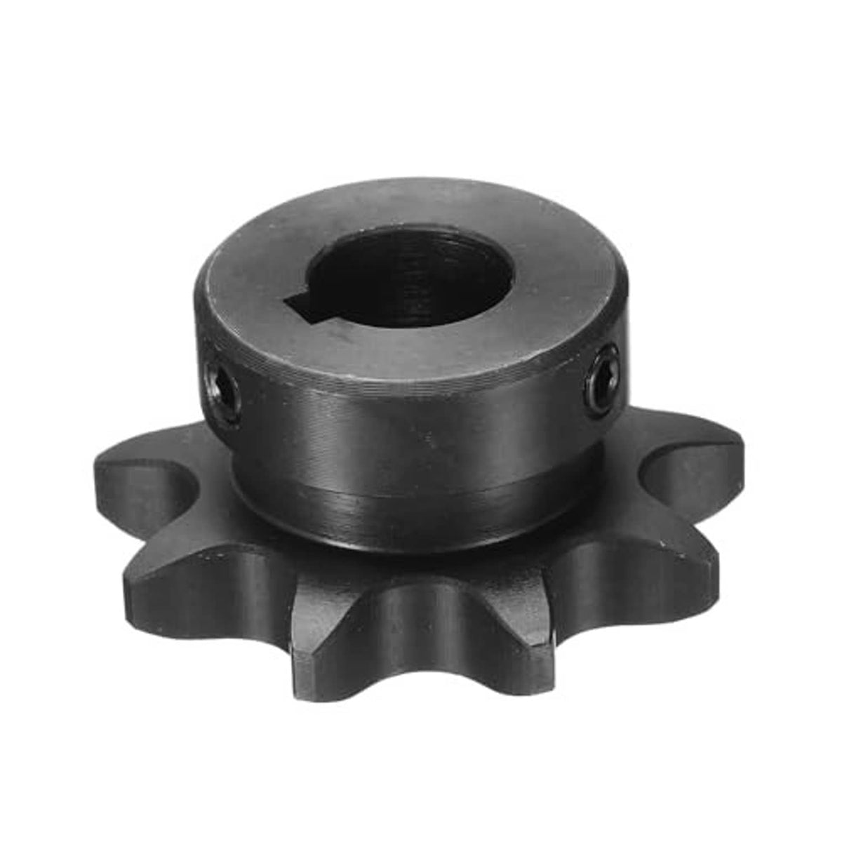 Black #40 roller chain sprocket, front view, 5/8 in bore and 16-teeth drive