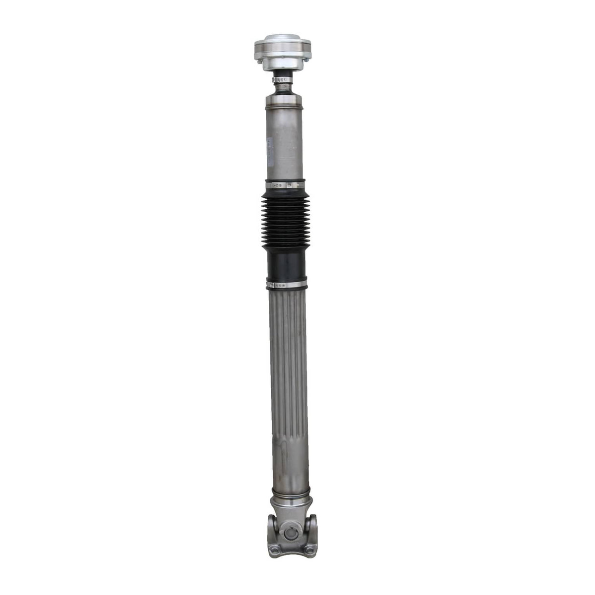 Front driveshaft with black rubber boot and circular end cap, silver shaft