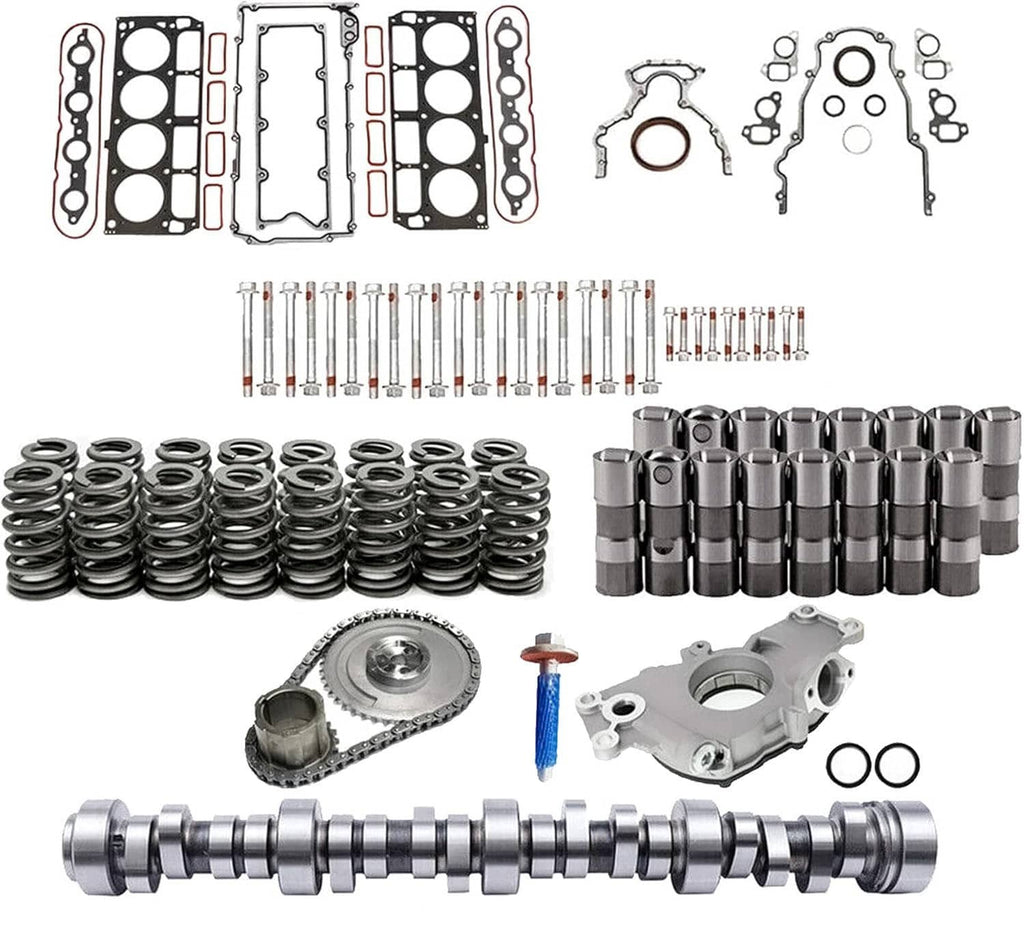 Engine cam lifter kit with cylinder head gaskets, hardware, and timing components