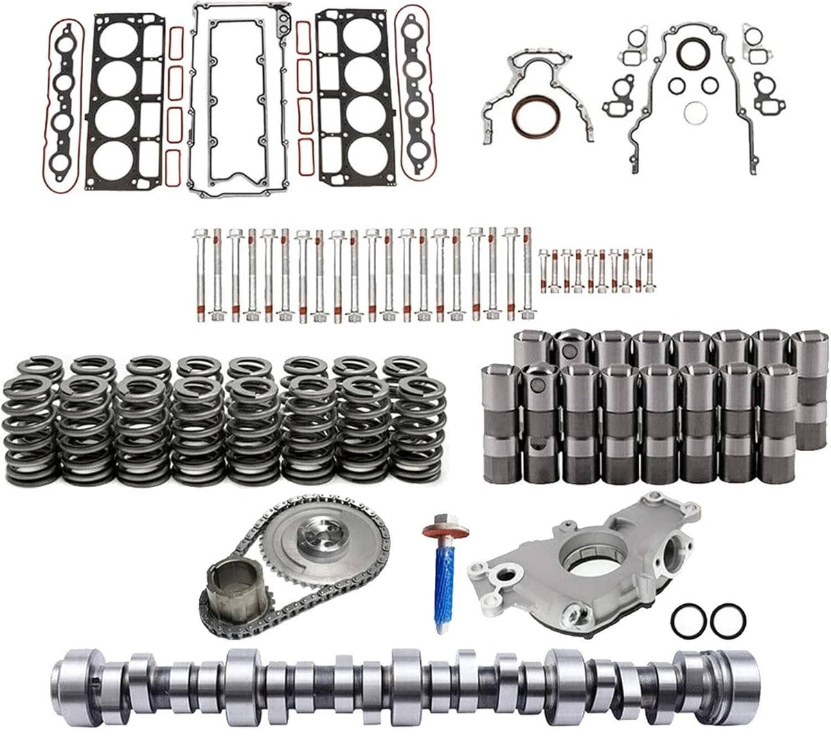 Engine cam lifter kit with cylinder head gaskets, hardware, and timing components