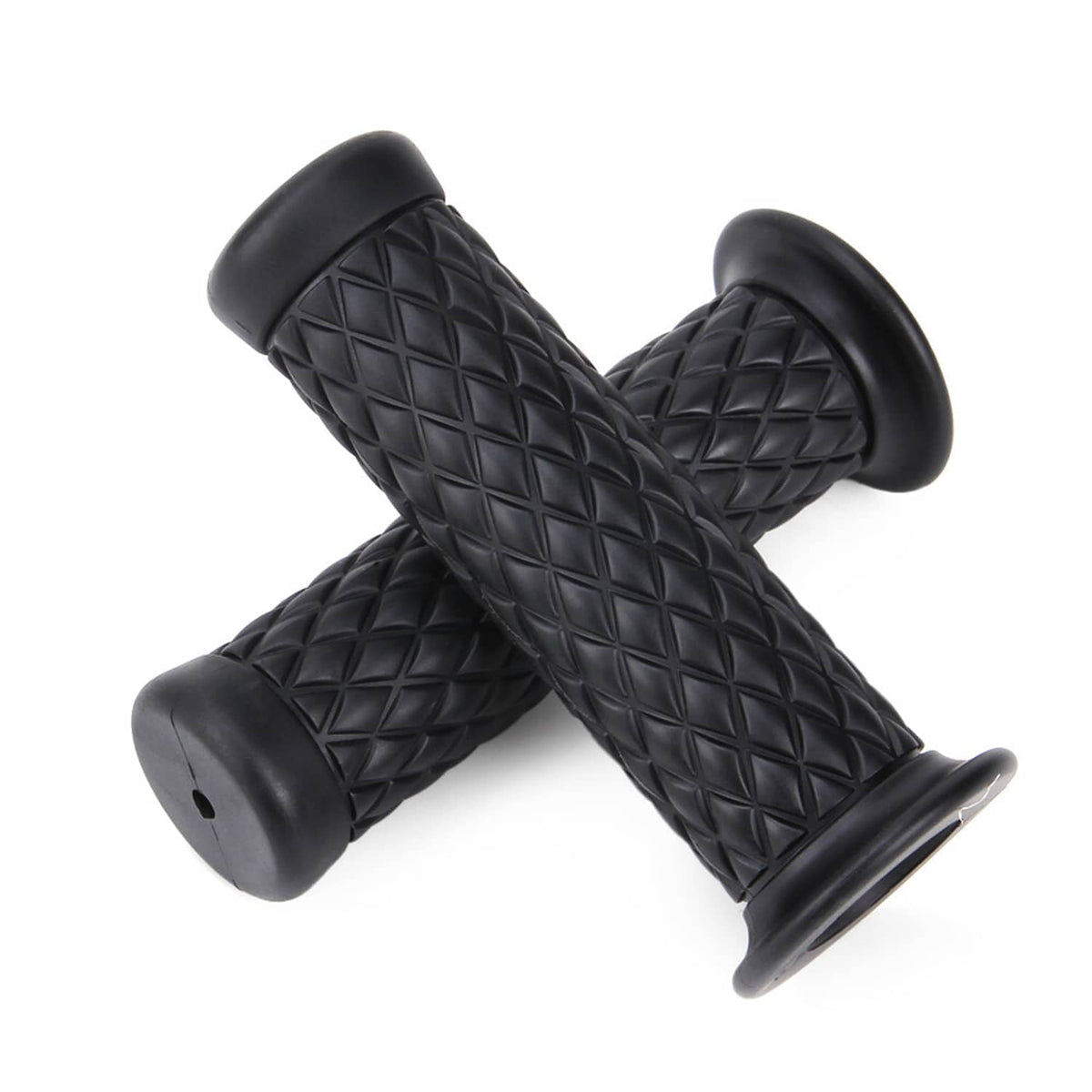 Pair of black motorcycle hand grips with diamond check texture and rounded end tips