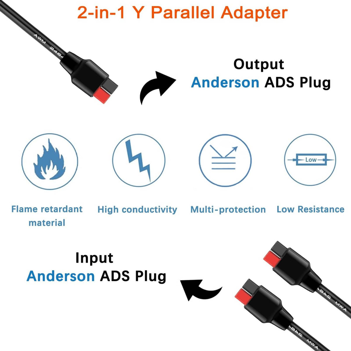 Black Y parallel adapter cable with red-and-black Anderson ADS input and output plugs