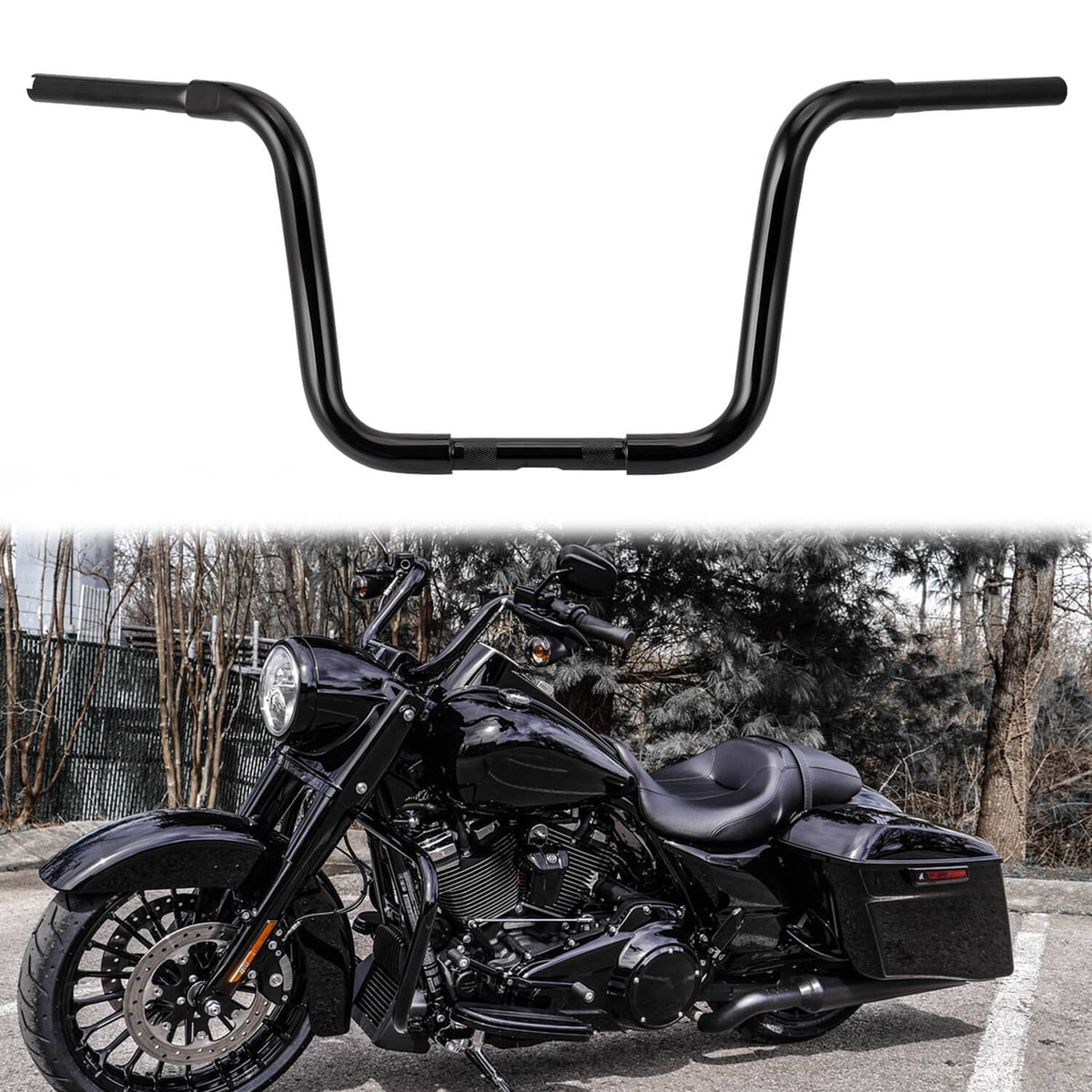 Black 12-inch ape hanger handlebar with curved U shape and end caps