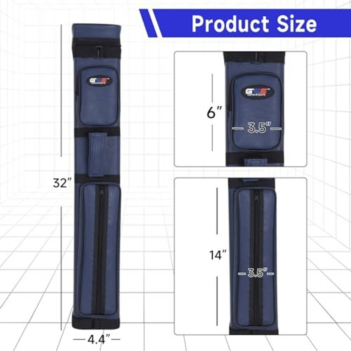 Hard pool cue case with blue outer shell and black trim, shown upright with strap