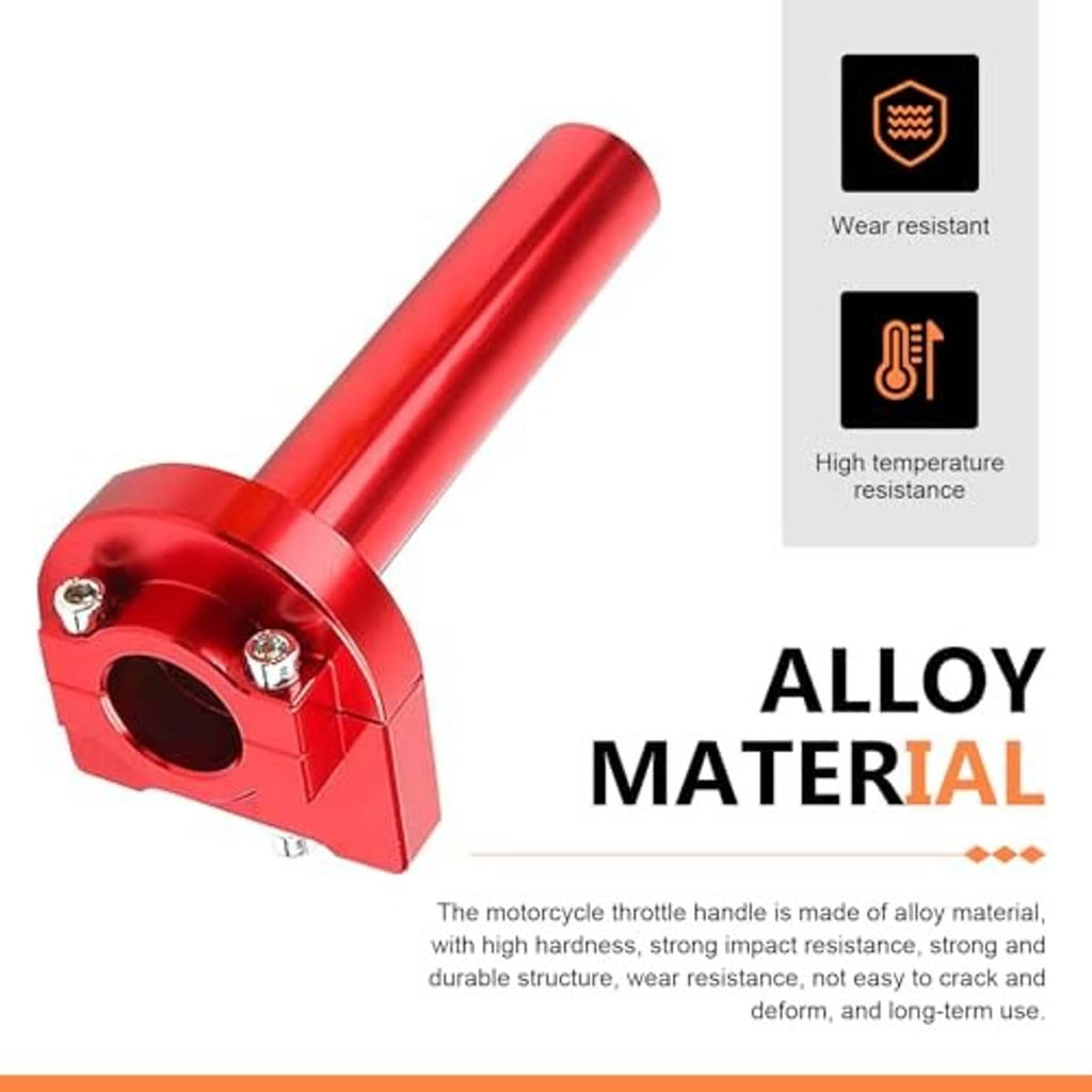 Red alloy motorcycle throttle handle with circular clamp and visible bolts