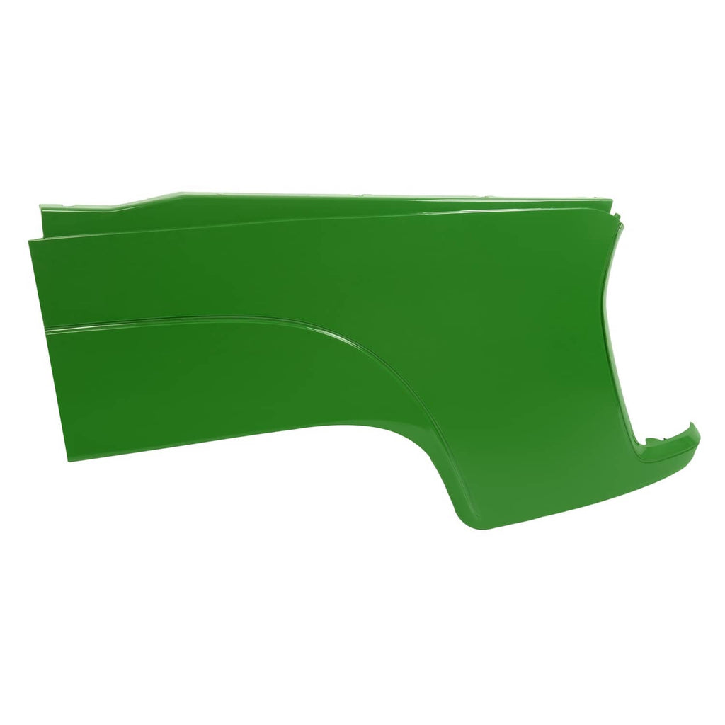 Green hood side panel with half-moon wheel opening and raised center contour, RH side.