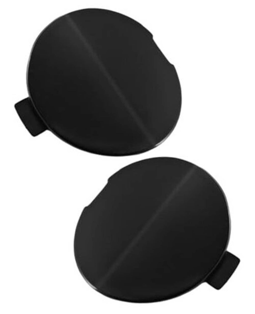 Pair of black round bumper towing covers with side tab, showing front and back views.