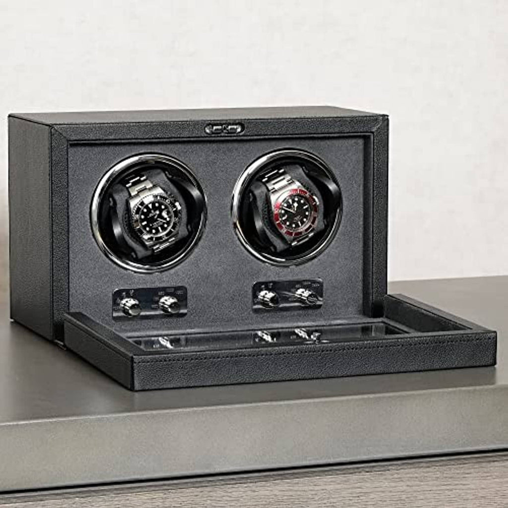 Double watch winder with lid open, two round holders and two mounted control switches