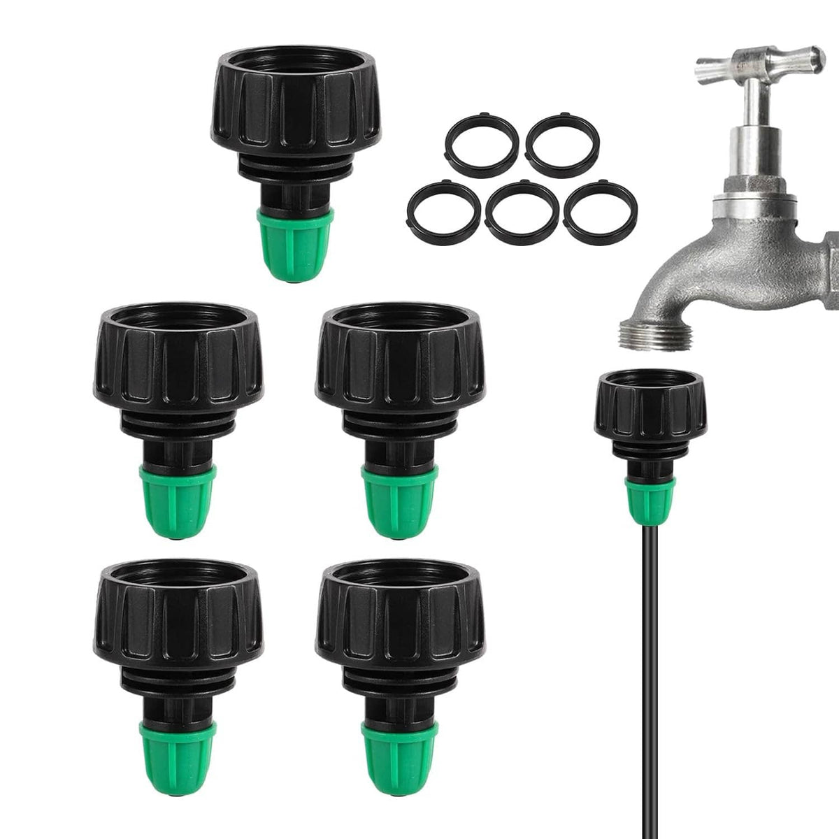Lock-barb drip connectors with black caps, green inserts, and three black O-ring seals
