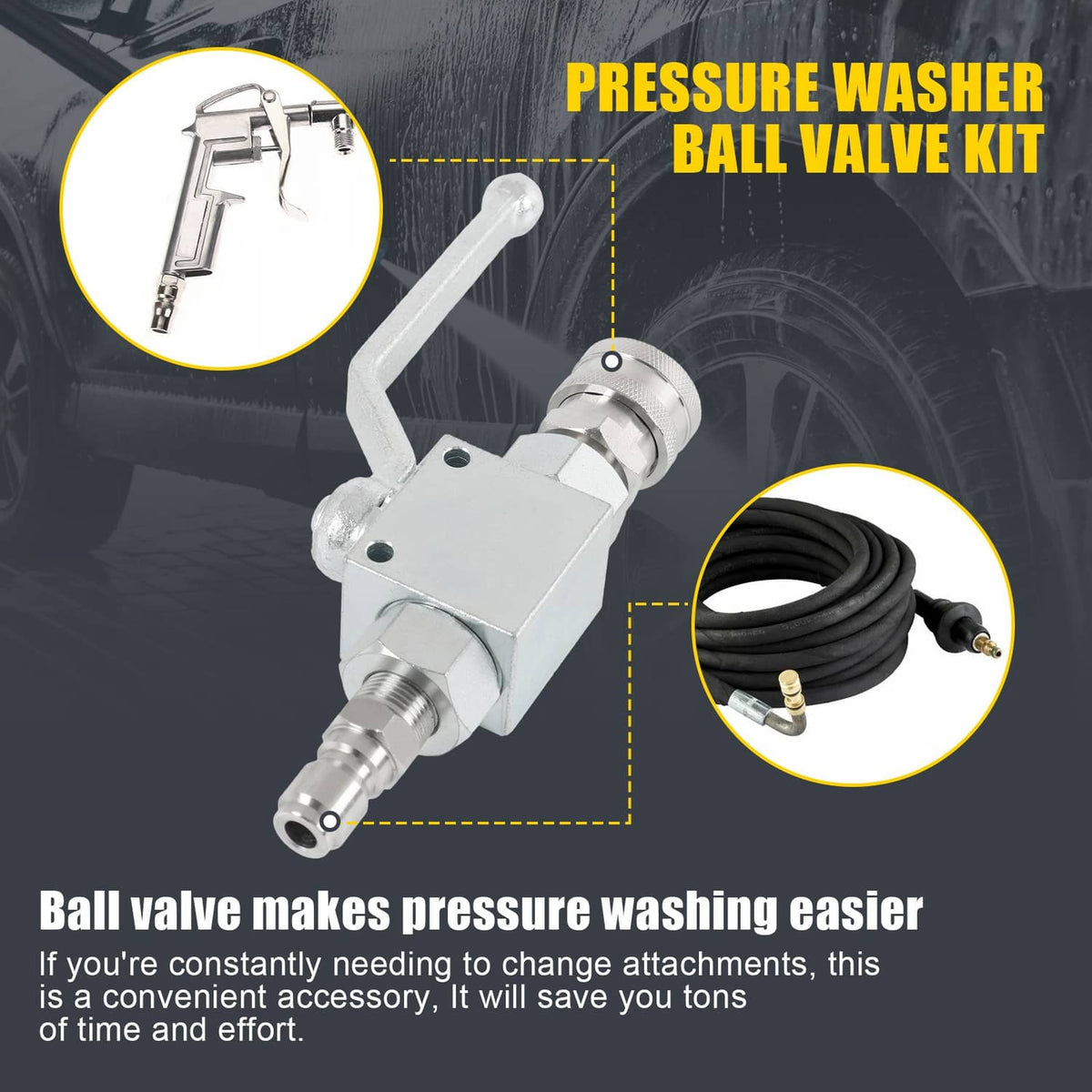 Pressure washer ball valve kit with metal control body and quick-connect hose connection