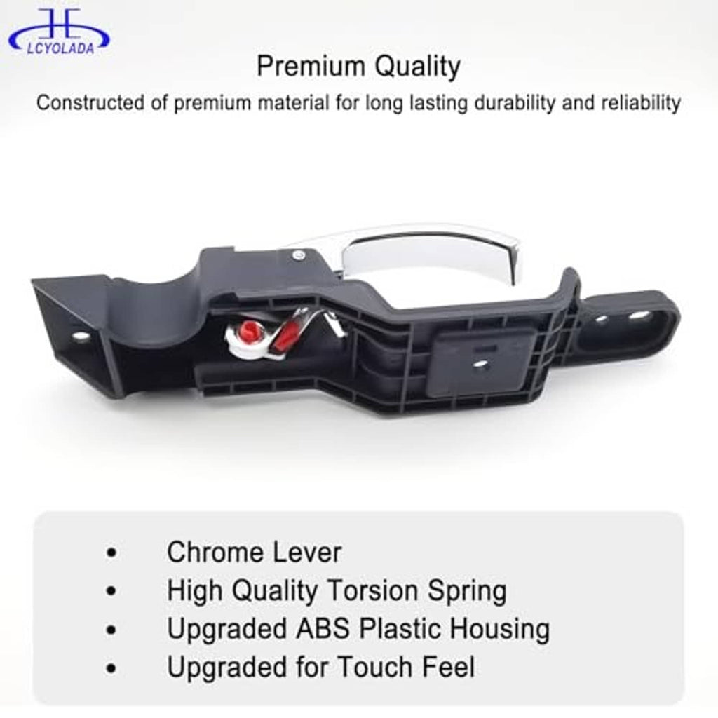 Interior door handle with chrome lever, black housing, and spring metal components