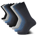 Men's 8-pack cotton crew socks with blue, gray, and dark pairs, textured knit