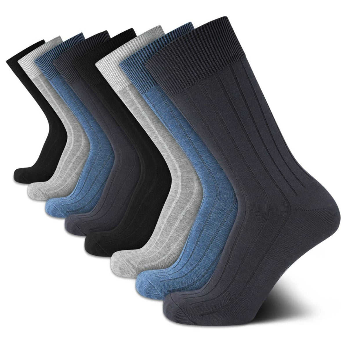 Men's 8-pack cotton crew socks with blue, gray, and dark pairs, textured knit