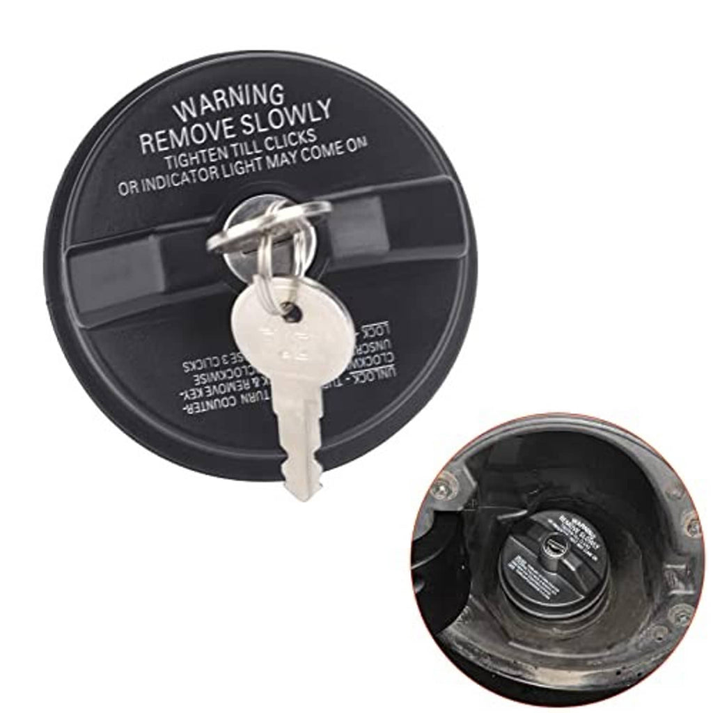 Black locking fuel gas cap with keys and inset of rear cap area