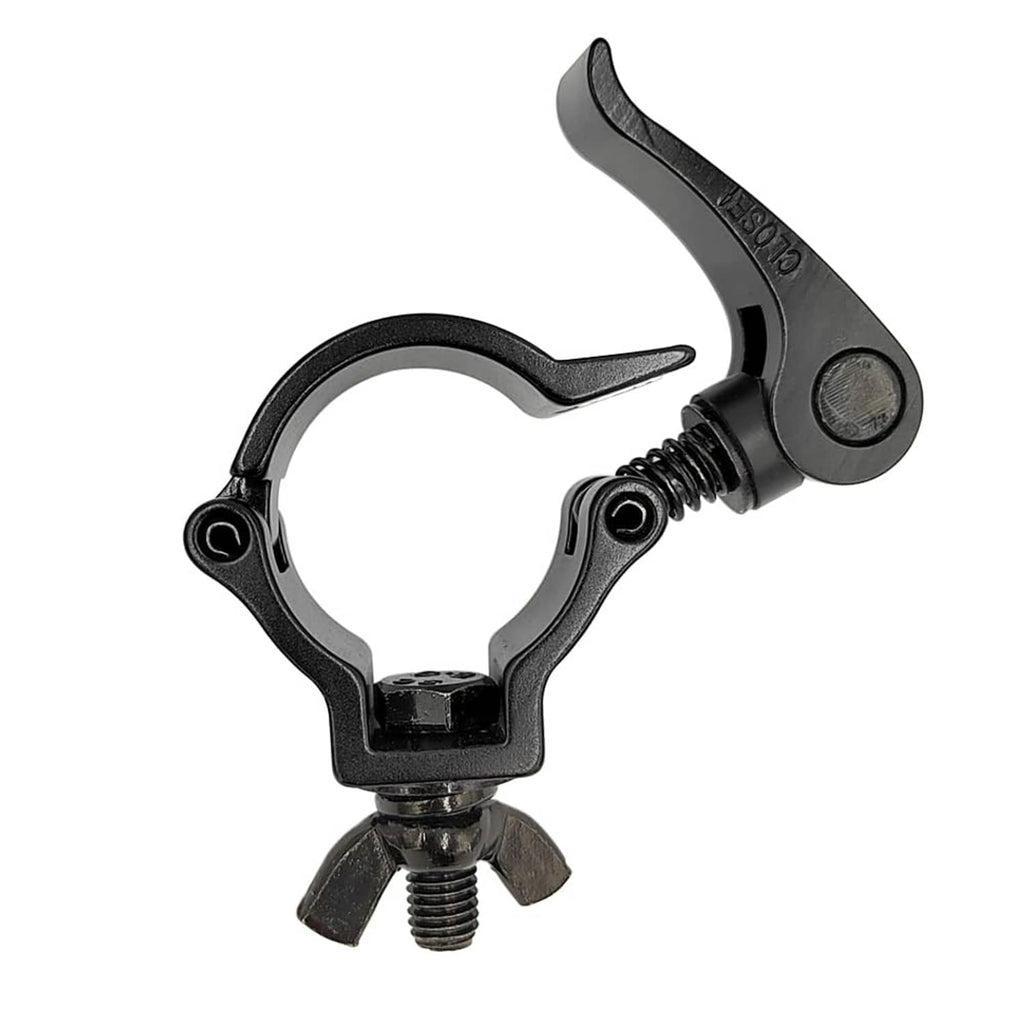 Black quick-release pipe clamp side view with raised lever handle and bolts
