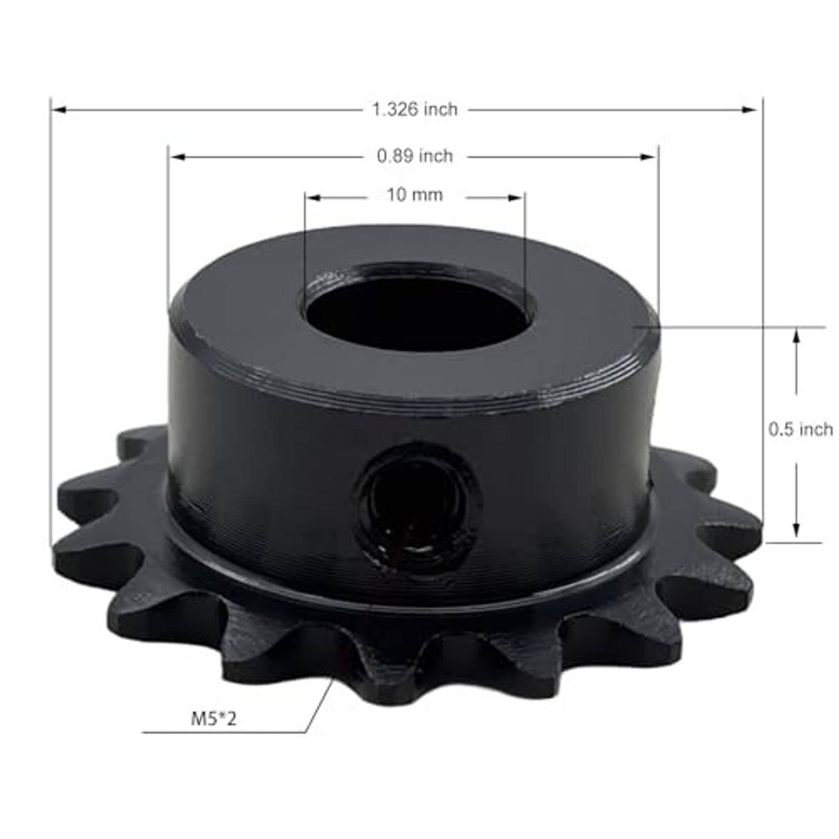Black sprocket dimensioned view showing 10mm bore and size measurements