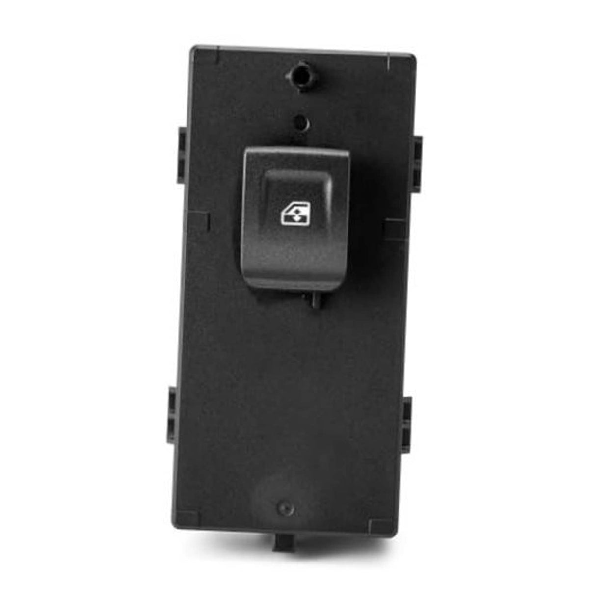 Black power window switch with window icon button and mounting tabs
