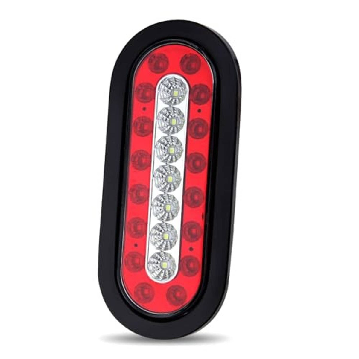 Oval LED tail light with red lens and black housing, showing stacked white LED bulbs